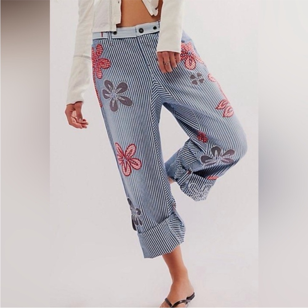 NWT We The Free Hot Tropics Cuffed Harem Pants 4 Striped Embroidered.